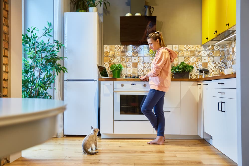 Lady standing in her kitchen with her cat