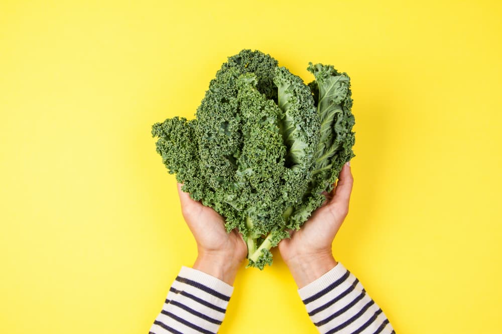 Woman holding a bunch of kale on a bright background