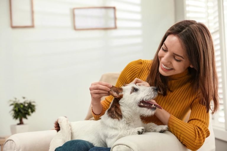 Woman petting dog and smiling