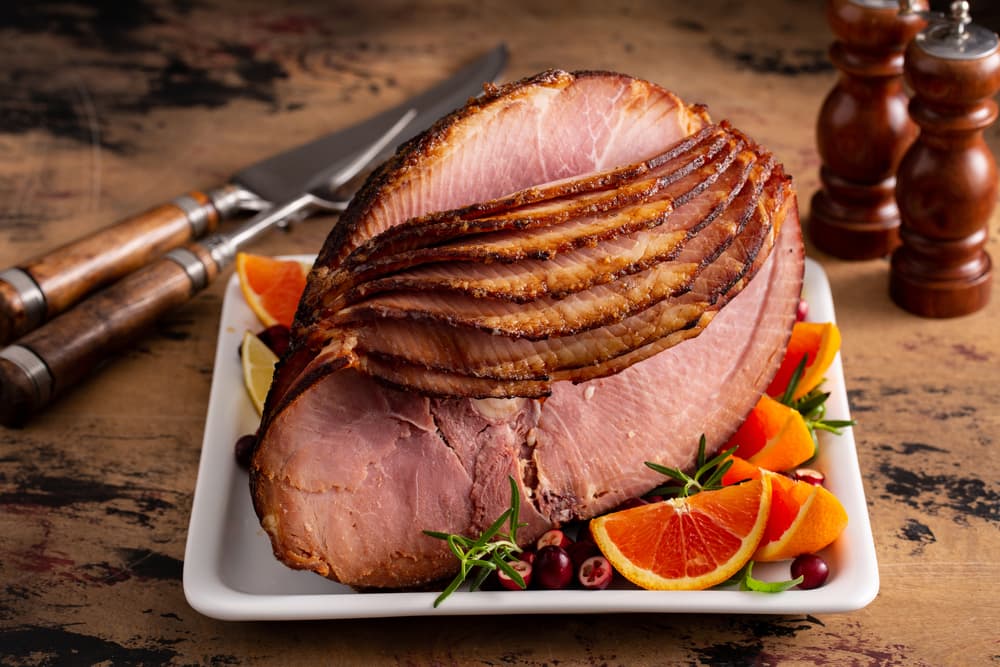 Sliced ham on dinner table