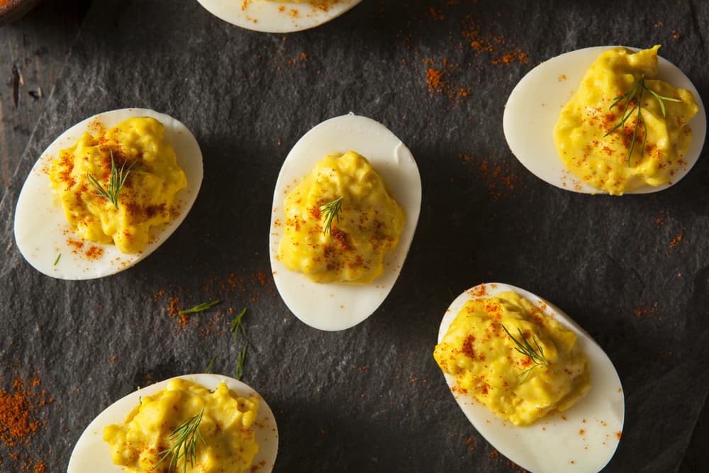 Deviled eggs on table